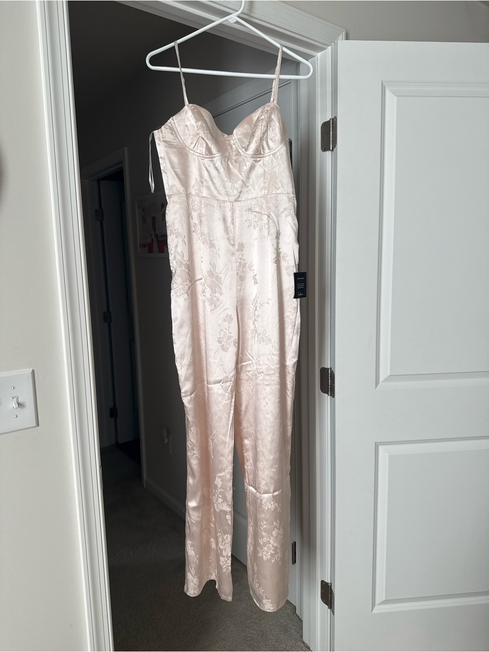 Lulu's Blush Cream Satin Jumpsuit with Floral Jacquard